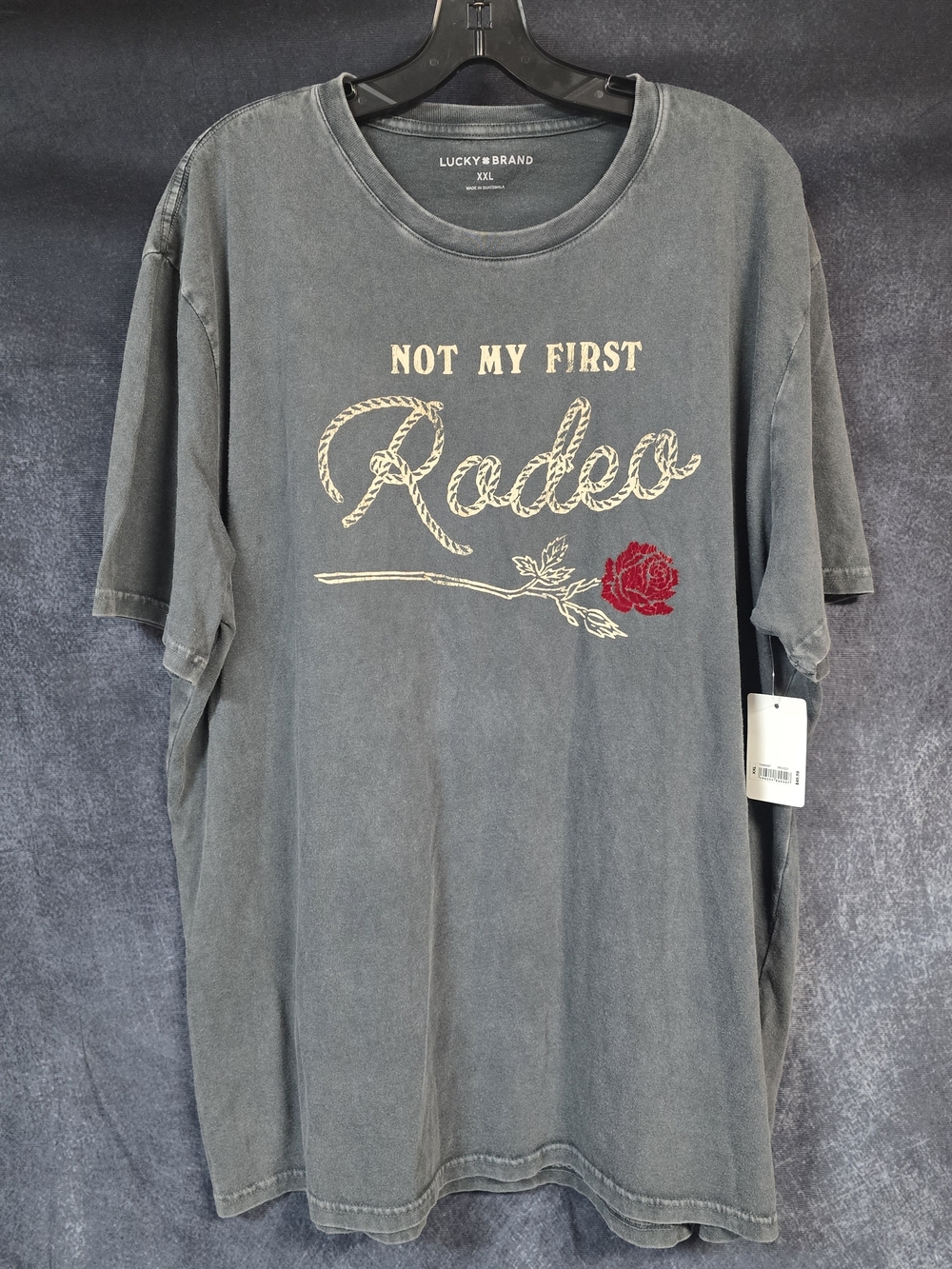 Lucky Brand Men's Washed Gray 'Not My First Rodeo' Tee with Red Rose